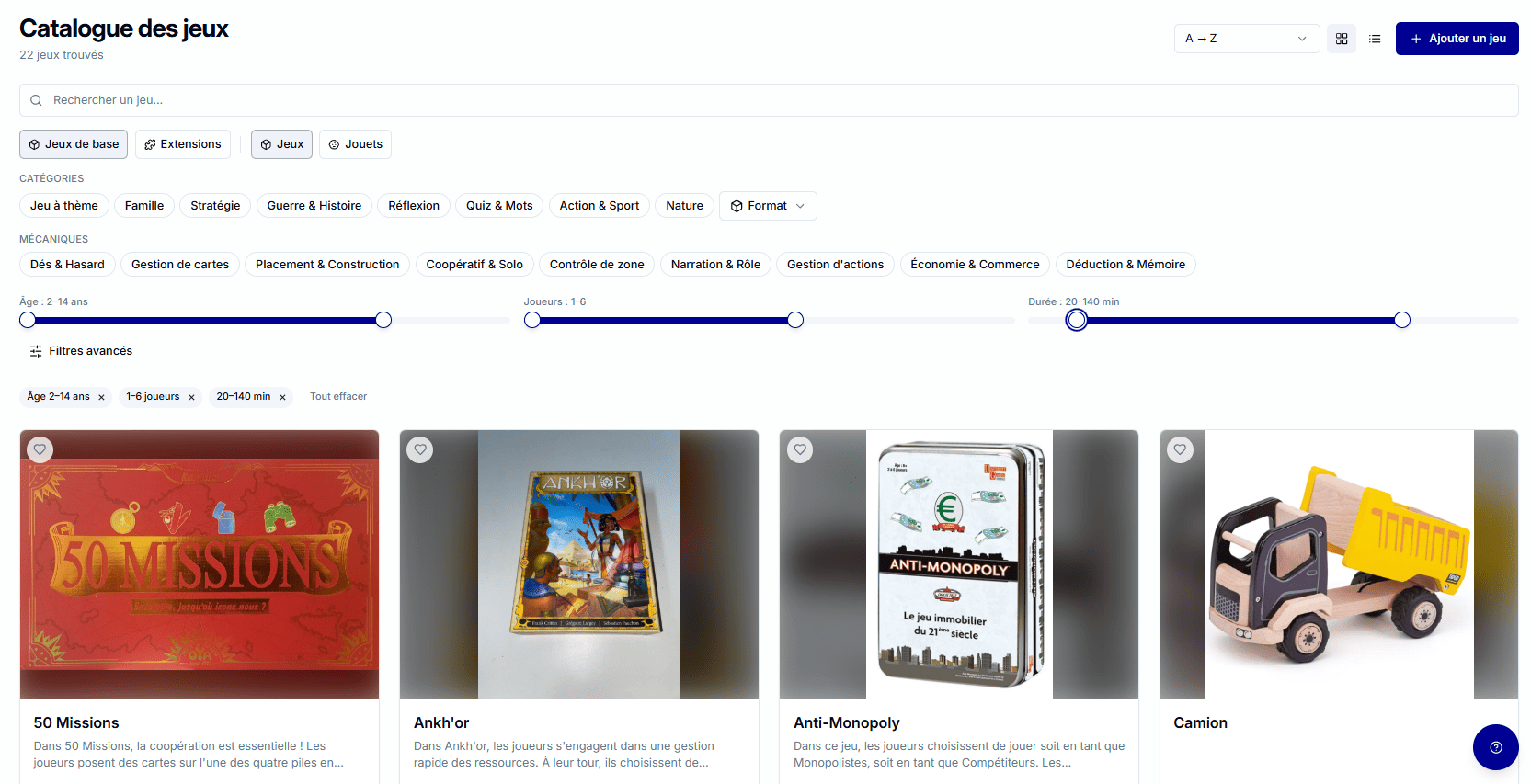 Catalogue de jeux en ligne dans Cubelya — vue grille