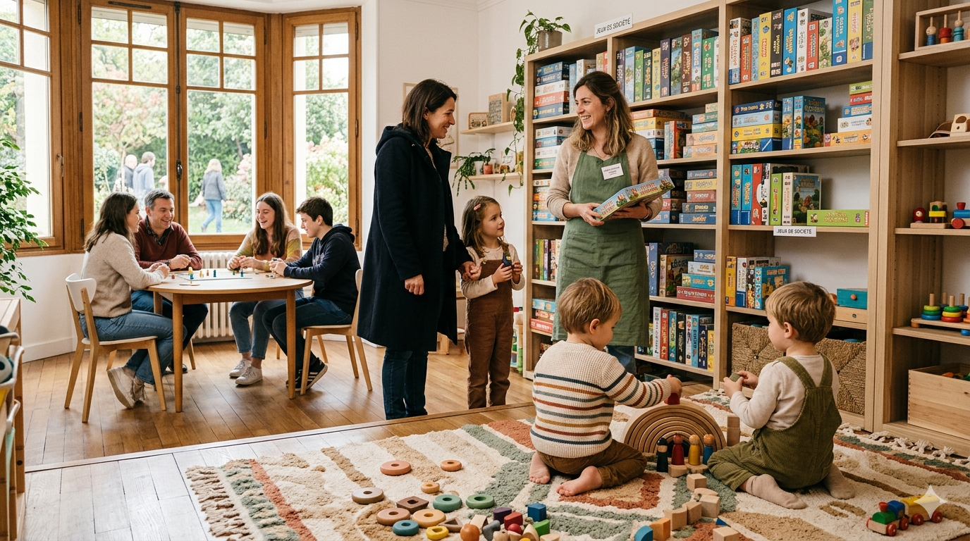 Intérieur lumineux d'une ludothèque associative française accueillant familles et enfants