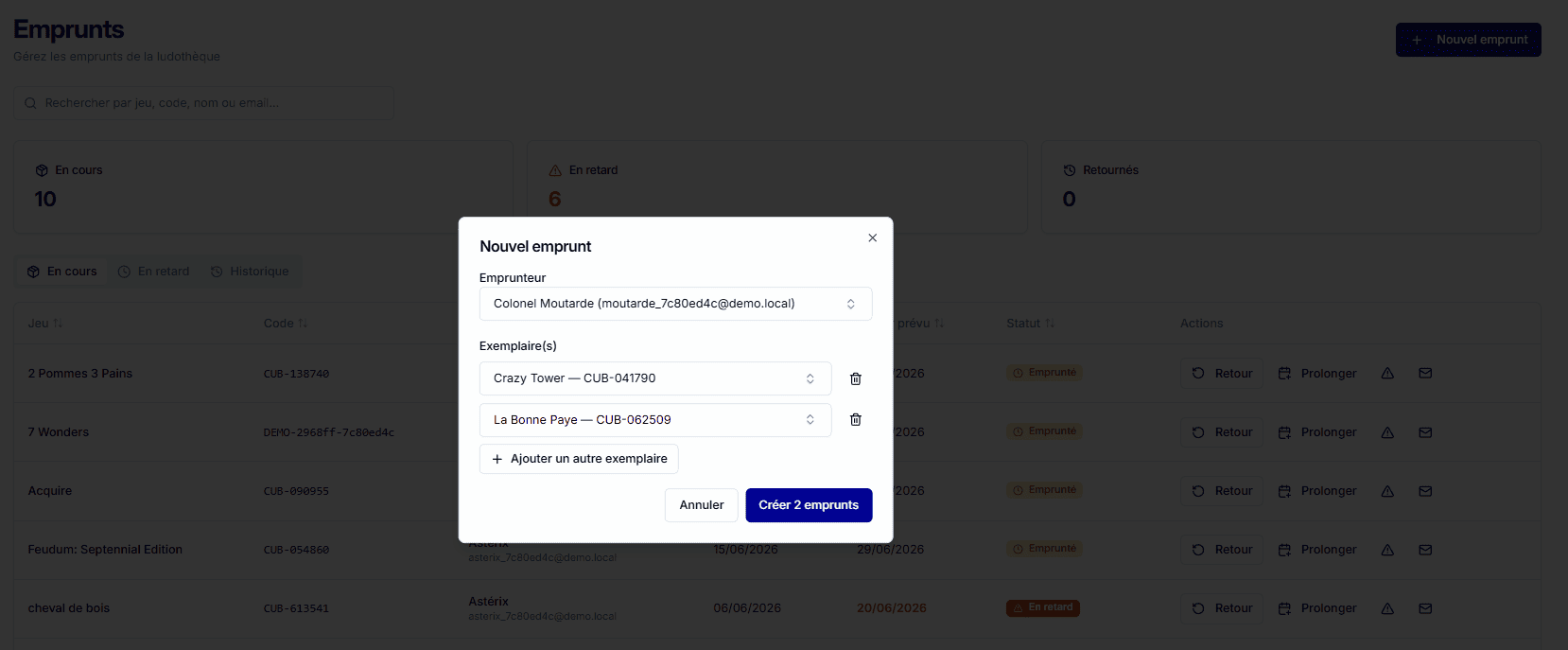 Interface de gestion des emprunts dans Cubelya — tableau de bord en temps réel