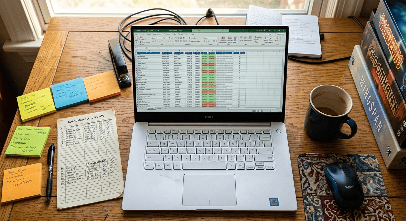 Tableur Excel avec des données de prêt de jeux de société, illustrant les limites d'un suivi manuel en ludothèque