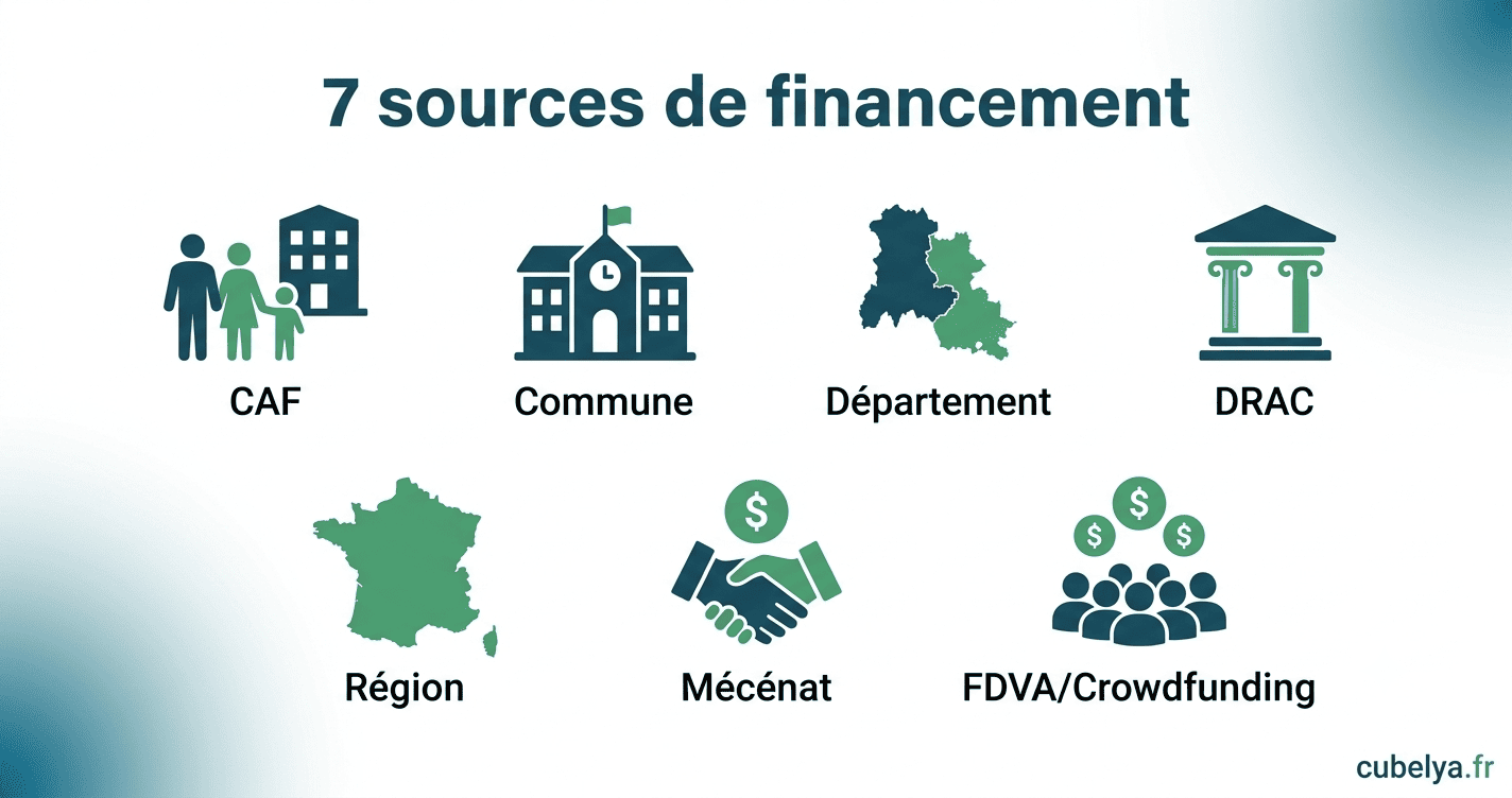 Schéma des 7 sources de subvention pour financer une ludothèque en France