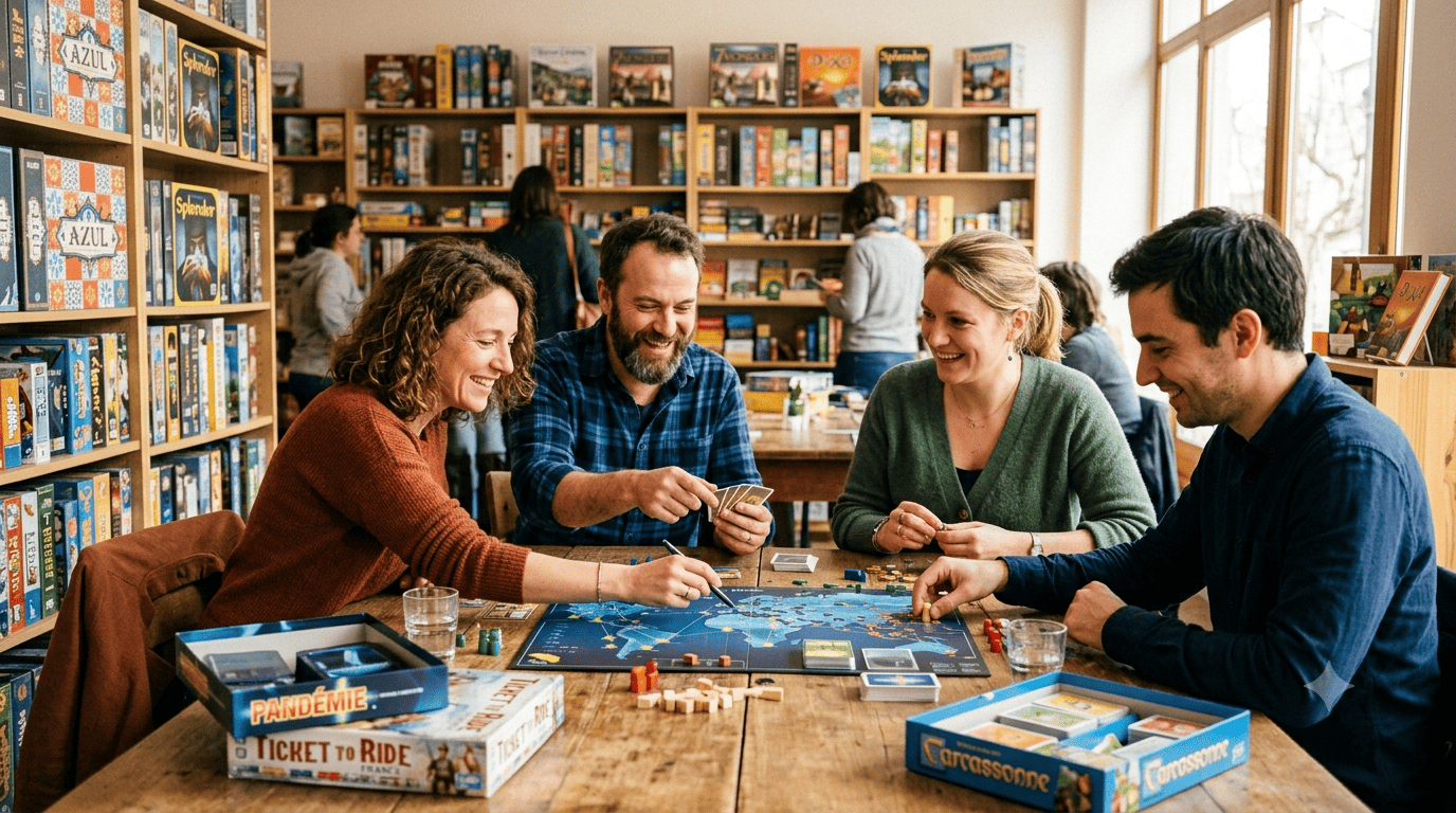 groupe de joueurs autour de jeux coopératifs dans une ludothèque