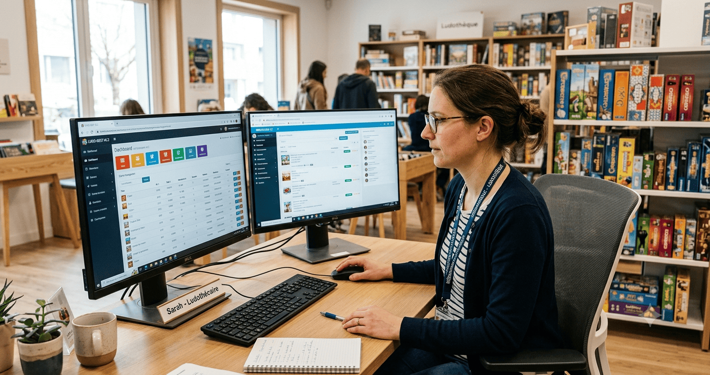 Ludothécaire comparant plusieurs logiciels de gestion gratuits sur son poste de travail