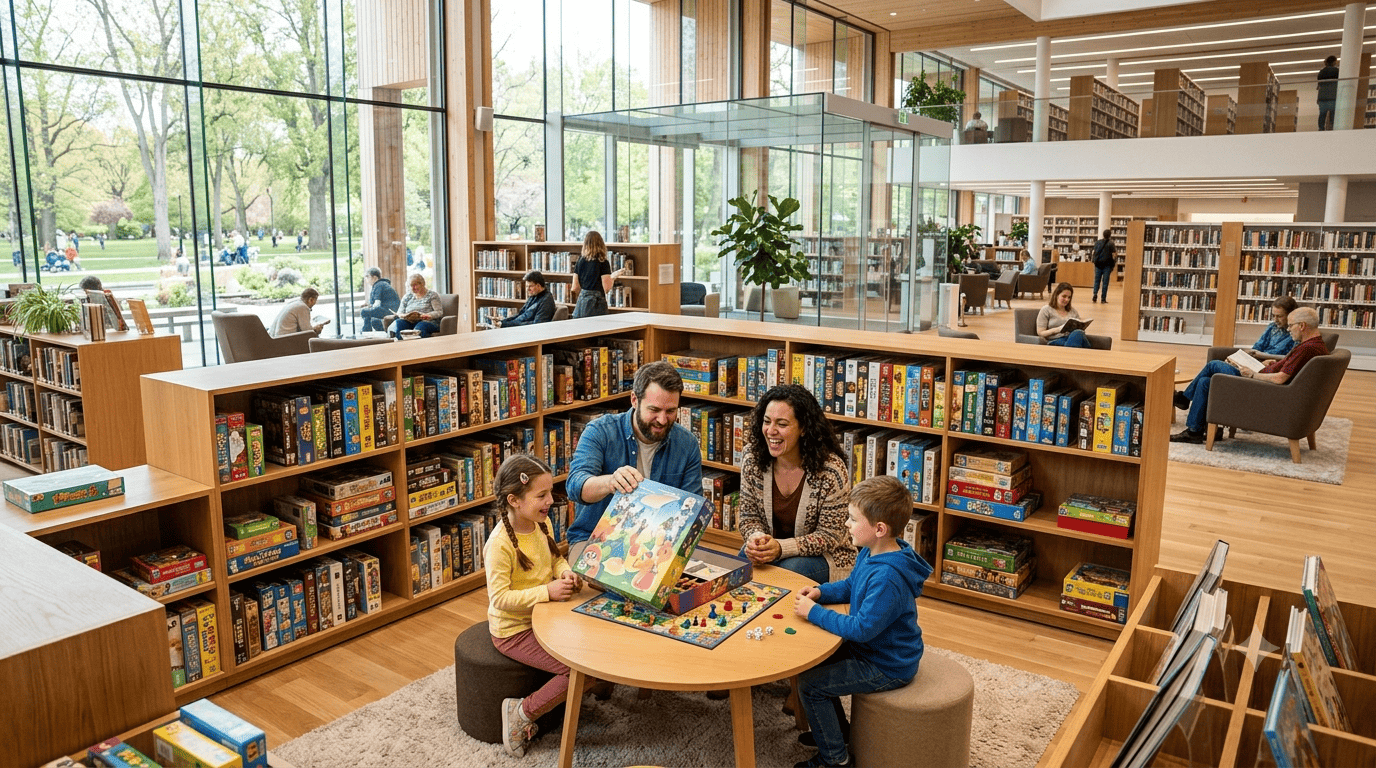 Espace de jeux de société dans une médiathèque moderne avec des familles qui consultent les boîtes sur des étagères lumineuses