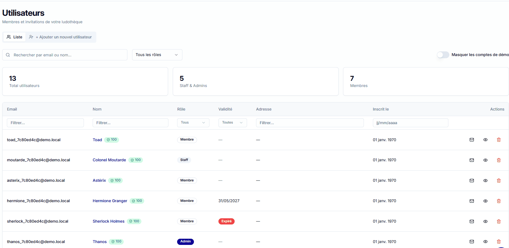 Interface de gestion des membres dans Cubelya, liste des adhérents avec suivi des cotisations