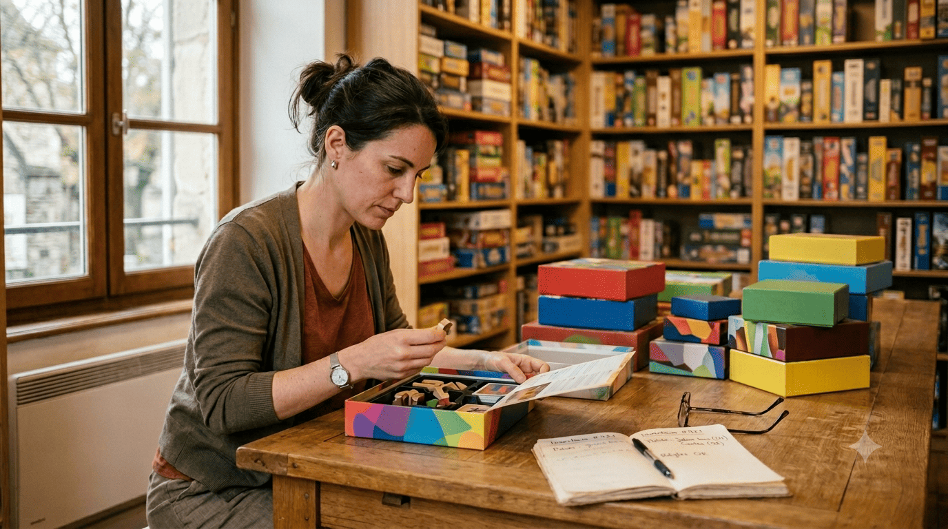 Ludothécaire triant des boîtes de jeux pour renouveler la collection