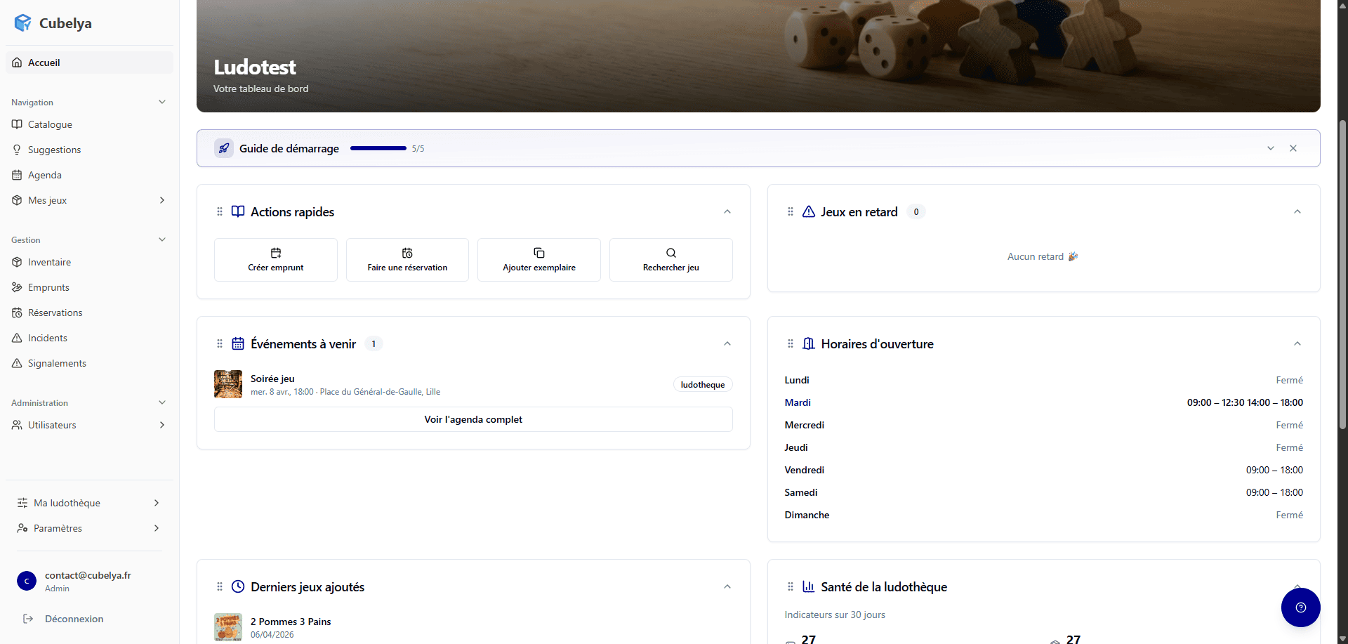 Interface logiciel de gestion de ludothèque Cubelya — catalogue et gestion des prêts